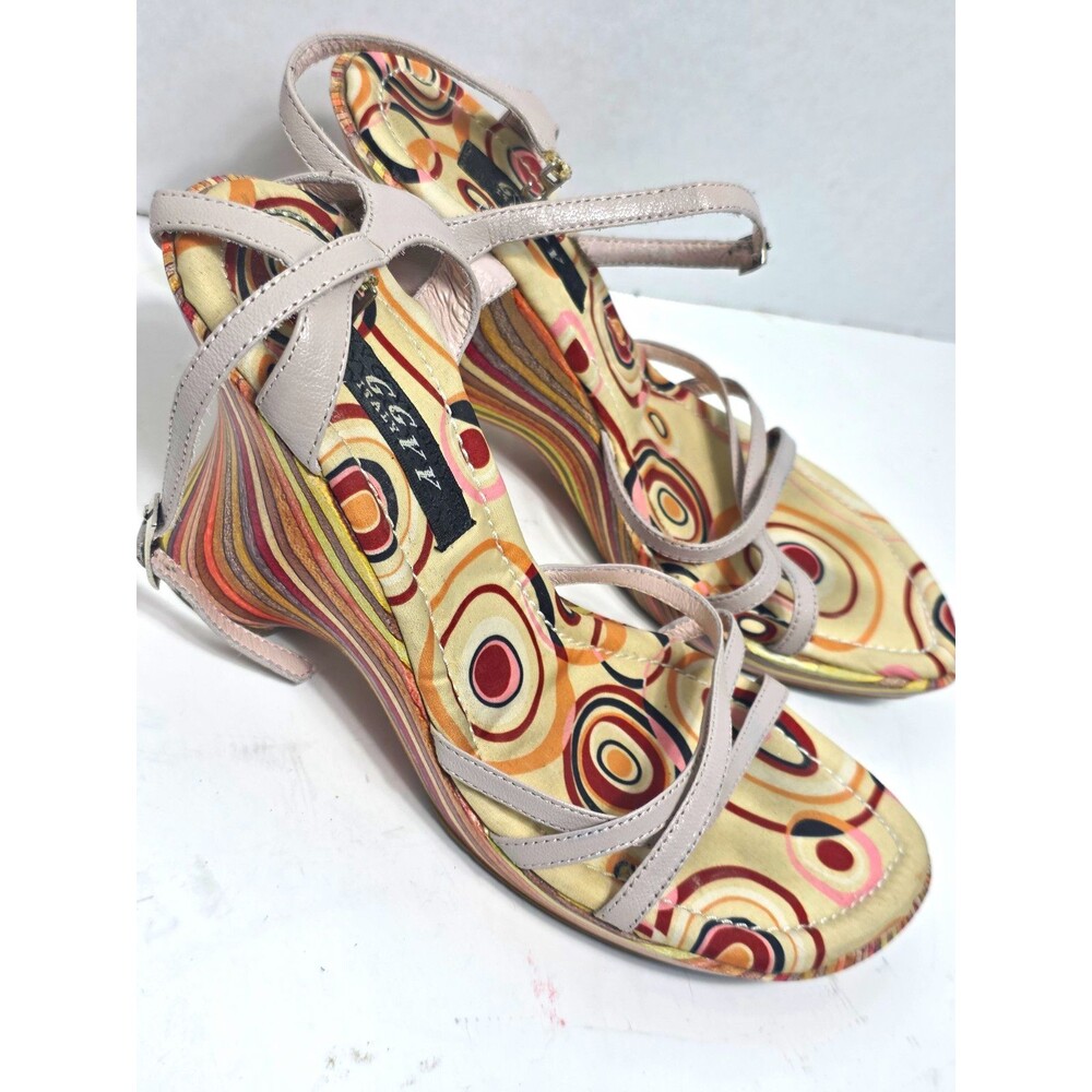 GGVV Italy Strappy Leather Wedge Sandals Retro Psychedelic Swirl EU 39 / US 8.5